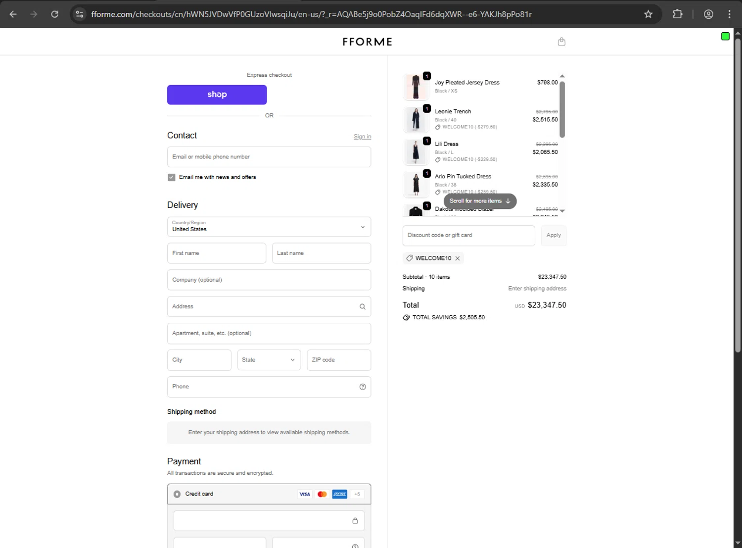 FFORME promo code screenshot showing code WELCOME10 applied at FFORME checkout page. Uploaded by SimplyCodes community member JakePerrox on Nov 15, 2025