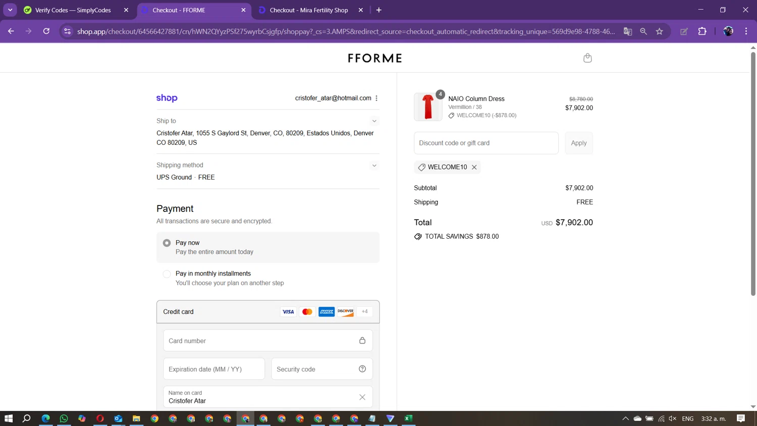 FFORME promo code screenshot showing code WELCOME10 applied at FFORME checkout page. Uploaded by SimplyCodes community member Marielis on Aug 31, 2025