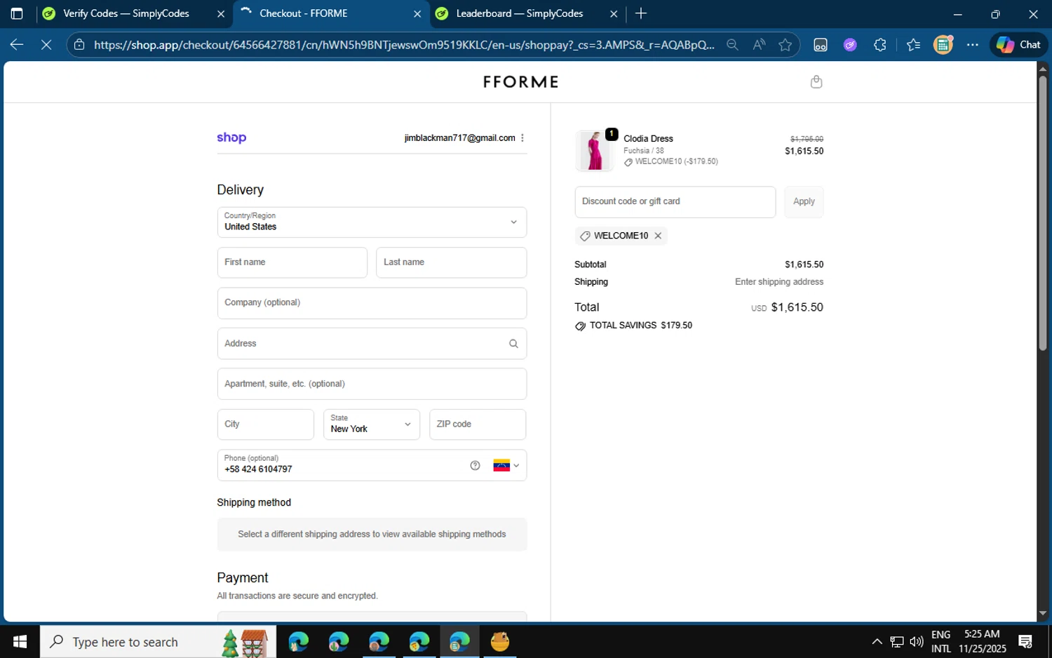 FFORME promo code screenshot showing code WELCOME10 applied at FFORME checkout page. Uploaded by SimplyCodes community member jvllsk3 on Nov 25, 2025
