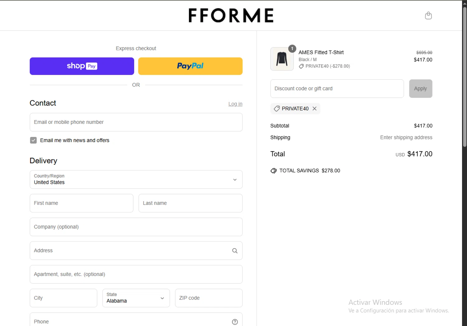 FFORME promo code screenshot showing code PRIVATE40 applied at FFORME checkout page. Uploaded by SimplyCodes community member RewardPhoenix3732 on May 15, 2025