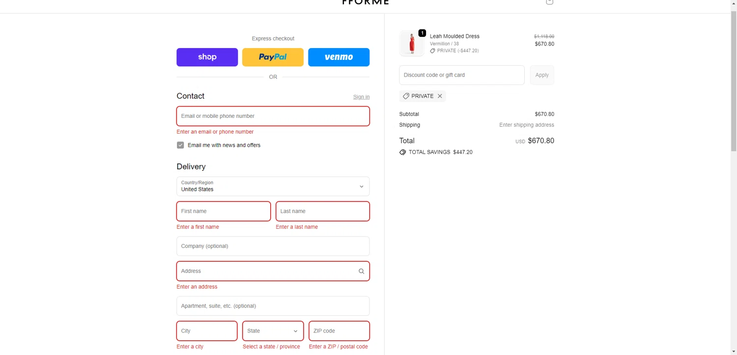 FFORME promo code screenshot showing code PRIVATE applied at FFORME checkout page. Uploaded by SimplyCodes community member SwiftCurator4059 on Dec 17, 2025