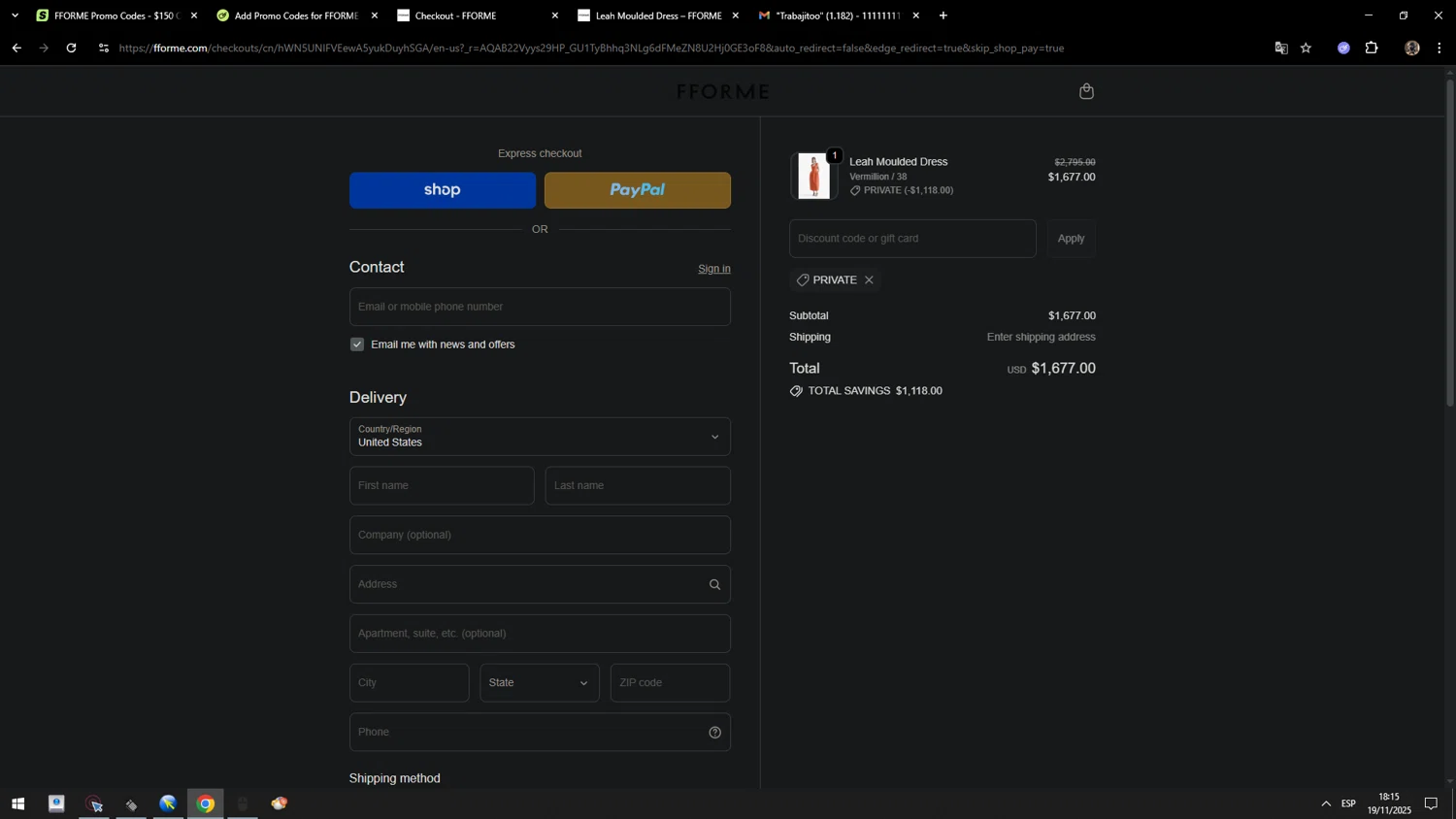FFORME promo code screenshot showing code PRIVATE applied at FFORME checkout page. Uploaded by SimplyCodes community member MarcosAranguren on Nov 19, 2025