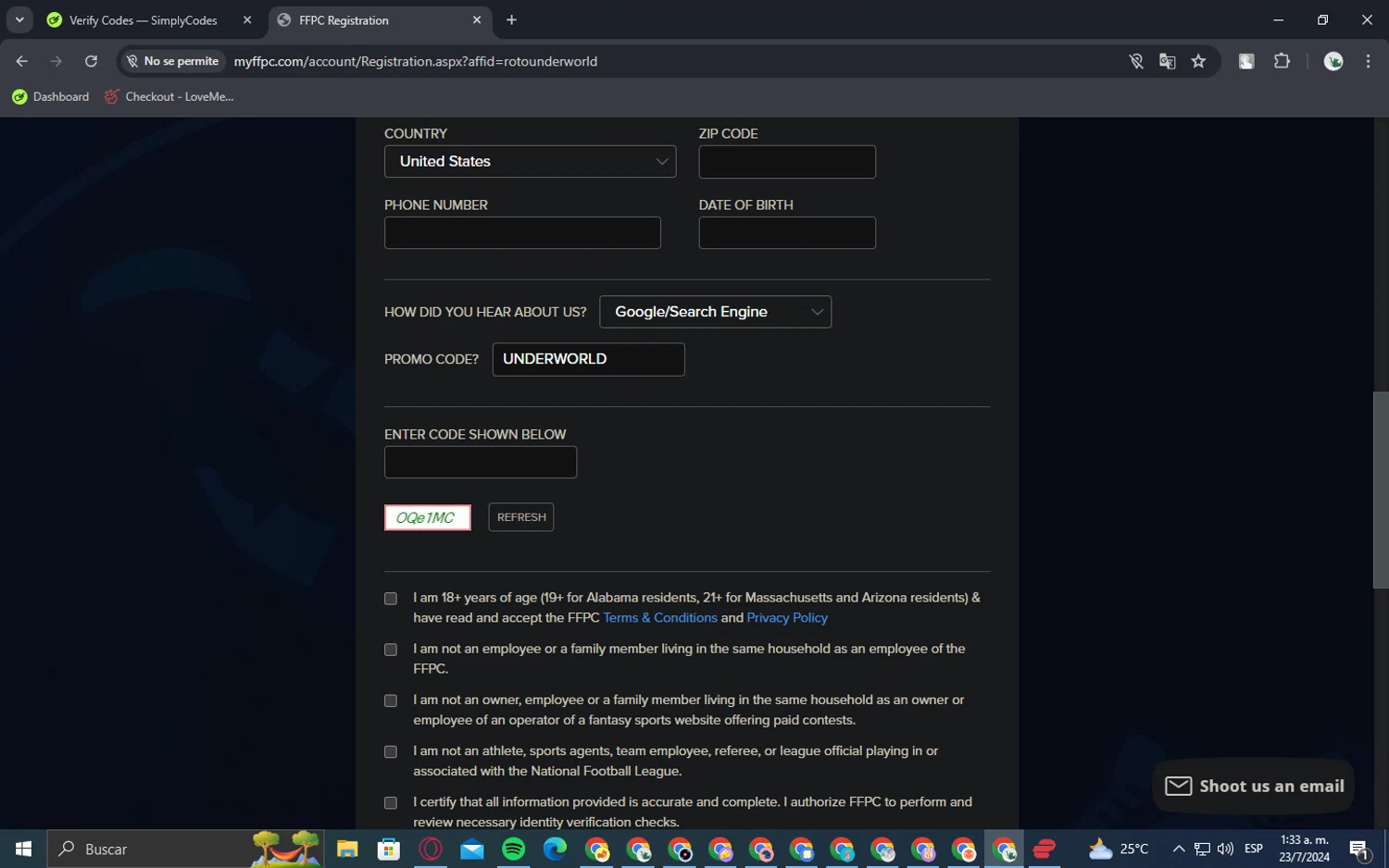FFPC checkout page showing FFPC promo code box | Screenshot taken by SimplyCodes community member on Jul 23, 2024