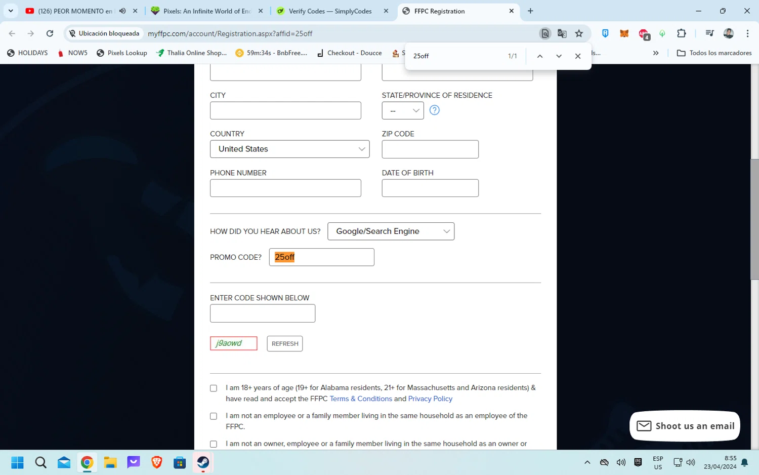 FFPC checkout page showing FFPC promo code box | Screenshot taken by SimplyCodes community member on Apr 23, 2024