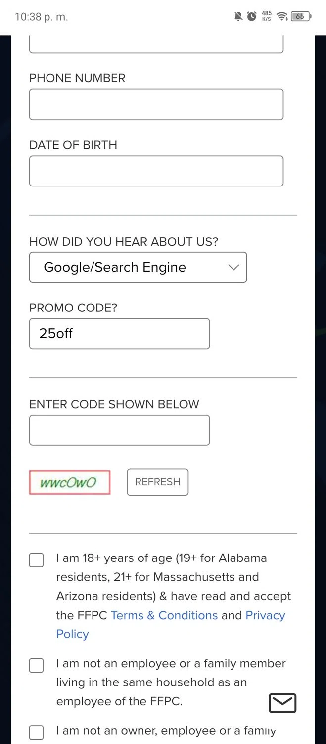 FFPC checkout page showing FFPC promo code box | Screenshot taken by SimplyCodes community member on Jul 23, 2024