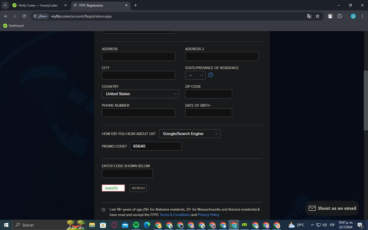 FFPC checkout page showing FFPC promo code box | Screenshot taken by SimplyCodes community member on Jul 23, 2024