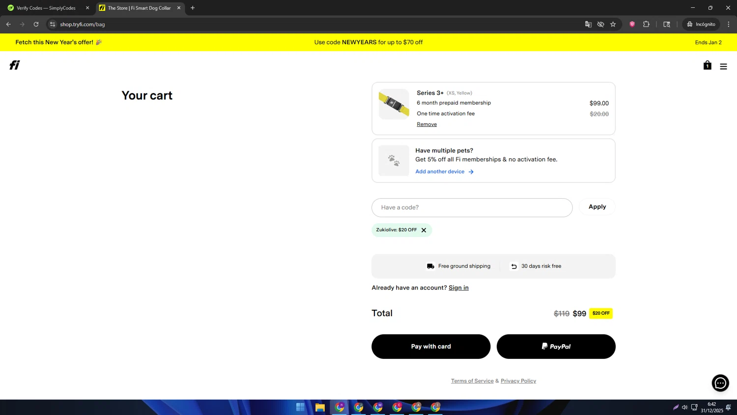Fi promo code screenshot showing code Zukiolive applied at Fi checkout page. Uploaded by SimplyCodes community member AVAMUSTANG on Dec 31, 2025