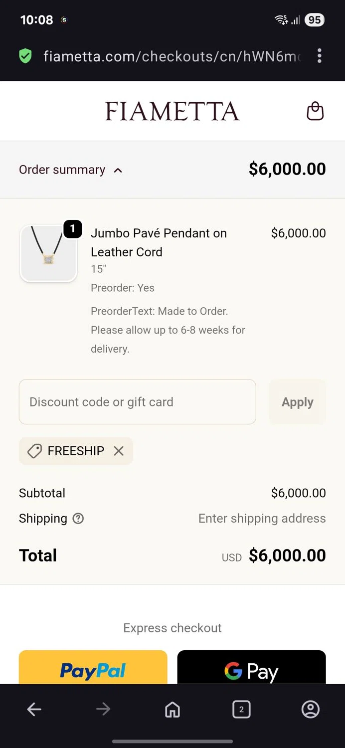 Fiametta promo code screenshot showing code Freeship applied at Fiametta checkout page. Uploaded by SimplyCodes community member BB9542251456527 on Dec 24, 2025