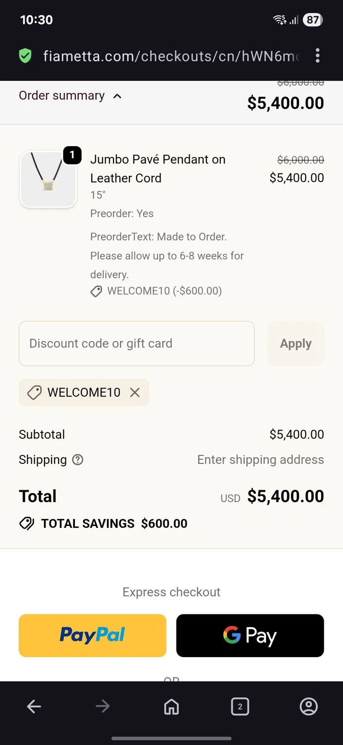 Fiametta promo code screenshot showing code Welcome10 applied at Fiametta checkout page. Uploaded by SimplyCodes community member BB9542251456527 on Dec 24, 2025