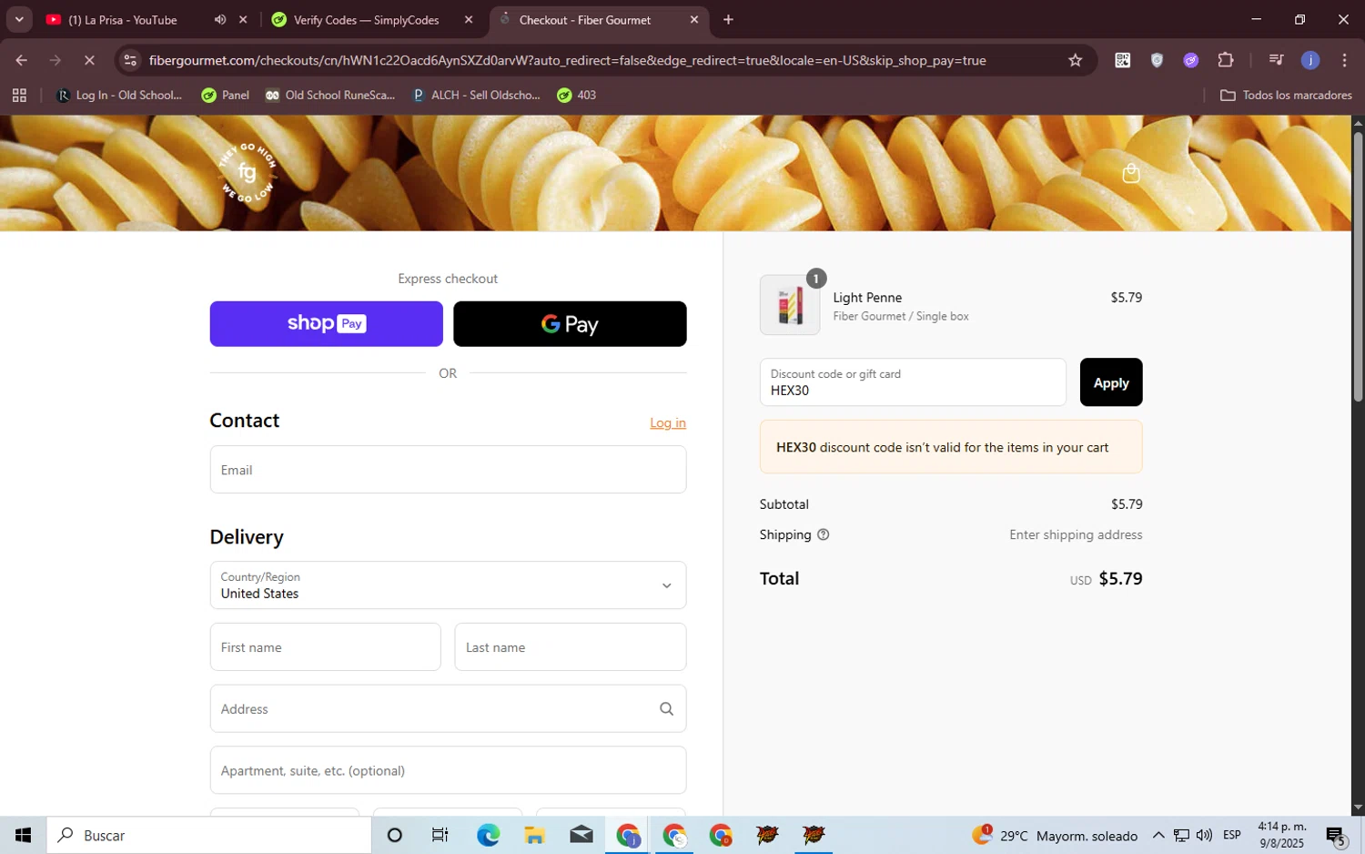 Fiber Gourmet promo code screenshot showing code HEX30 applied at Fiber Gourmet checkout page. Uploaded by SimplyCodes community member CouponOwl5049 on Aug 9, 2025