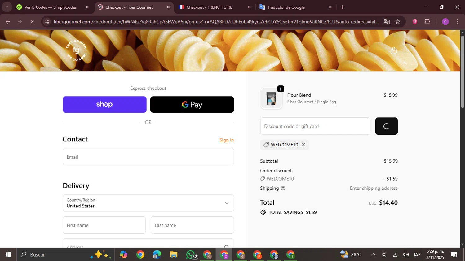 Fiber Gourmet promo code screenshot showing code WELCOME10 applied at Fiber Gourmet checkout page. Uploaded by SimplyCodes community member FrugalPro5078 on Nov 3, 2025