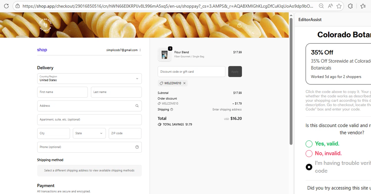 Fiber Gourmet promo code screenshot showing code WELCOME10 applied at Fiber Gourmet checkout page. Uploaded by SimplyCodes community member MagnificentExpert8147 on Dec 6, 2025