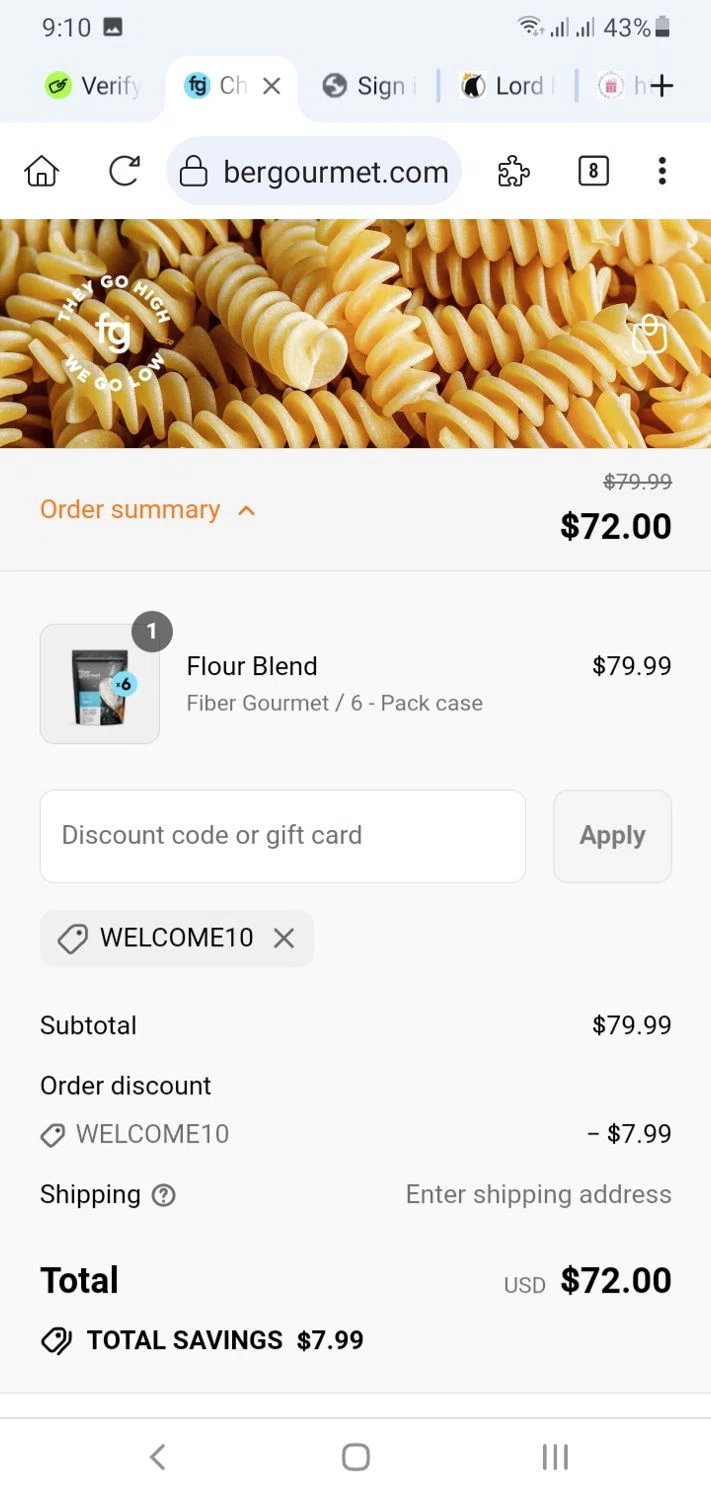 Fiber Gourmet promo code screenshot showing code WELCOME10 applied at Fiber Gourmet checkout page. Uploaded by SimplyCodes community member menotychire on Sep 4, 2025