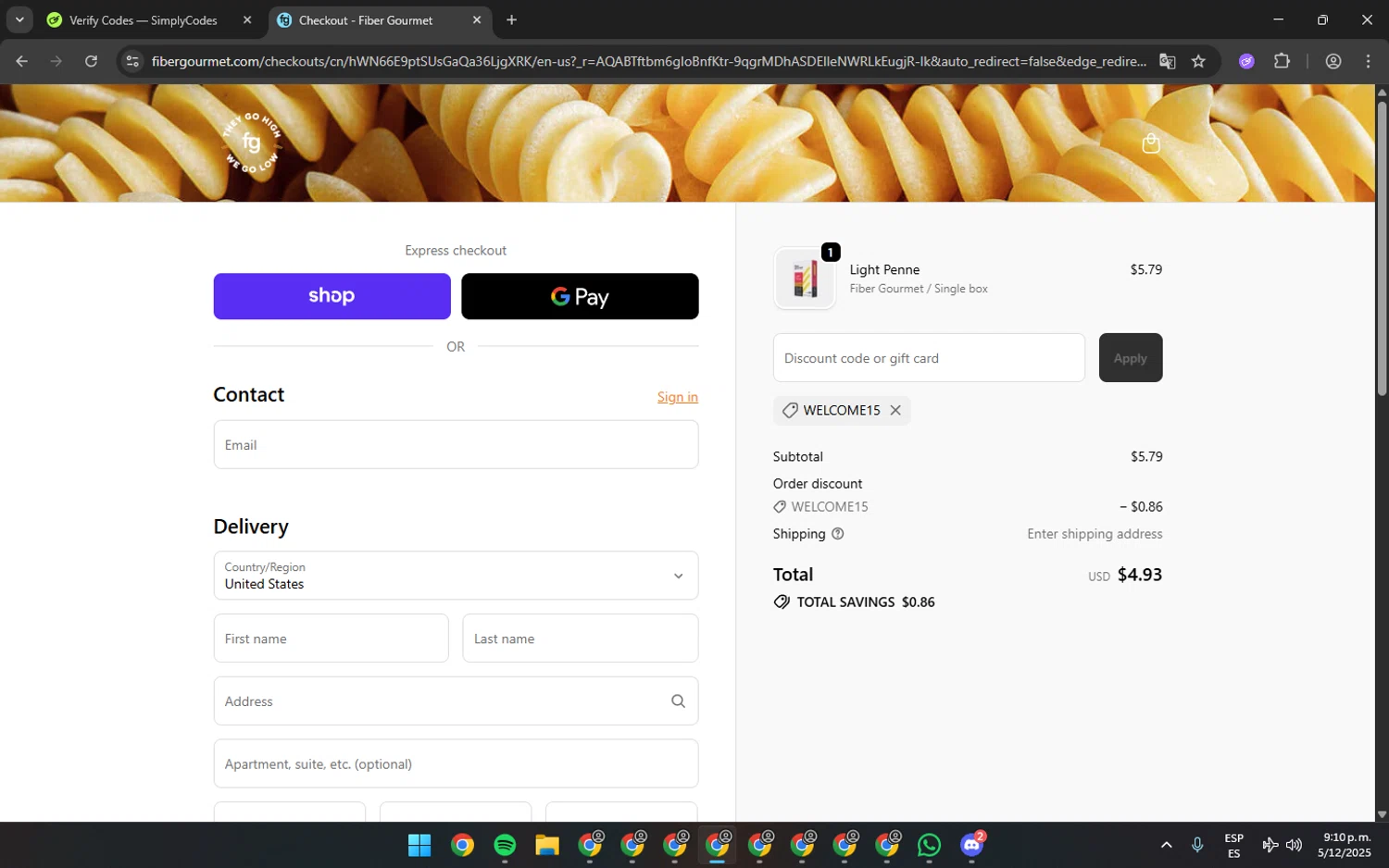 Fiber Gourmet promo code screenshot showing code WELCOME15 applied at Fiber Gourmet checkout page. Uploaded by SimplyCodes community member SilverPro4355 on Dec 6, 2025