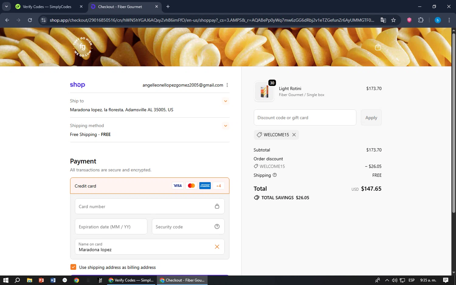 Fiber Gourmet promo code screenshot showing code WELCOME15 applied at Fiber Gourmet checkout page. Uploaded by SimplyCodes community member bilijr on Nov 25, 2025