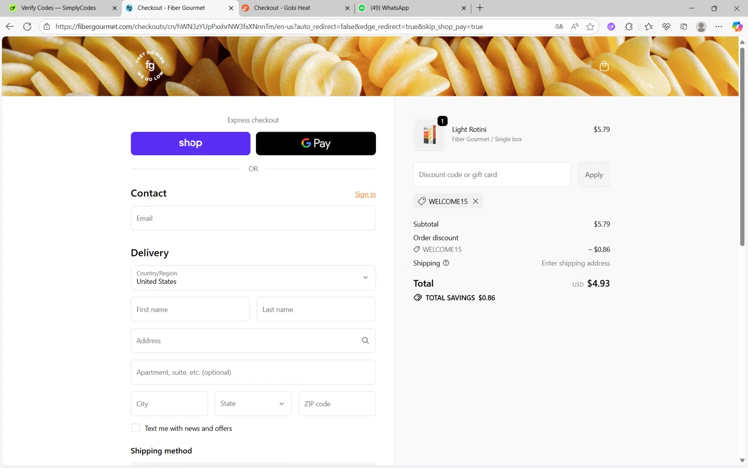 Fiber Gourmet promo code screenshot showing code WELCOME15 applied at Fiber Gourmet checkout page. Uploaded by SimplyCodes community member juanx1702 on Oct 11, 2025