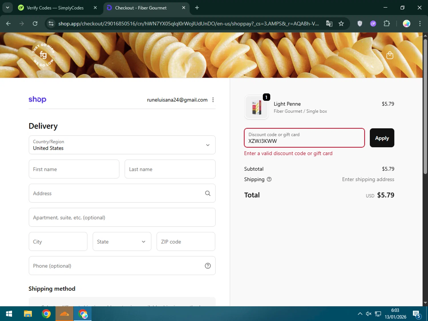Fiber Gourmet promo code screenshot showing code XZWJ3KWW applied at Fiber Gourmet checkout page. Uploaded by SimplyCodes community member Estrellitacoairis on Jan 13, 2026