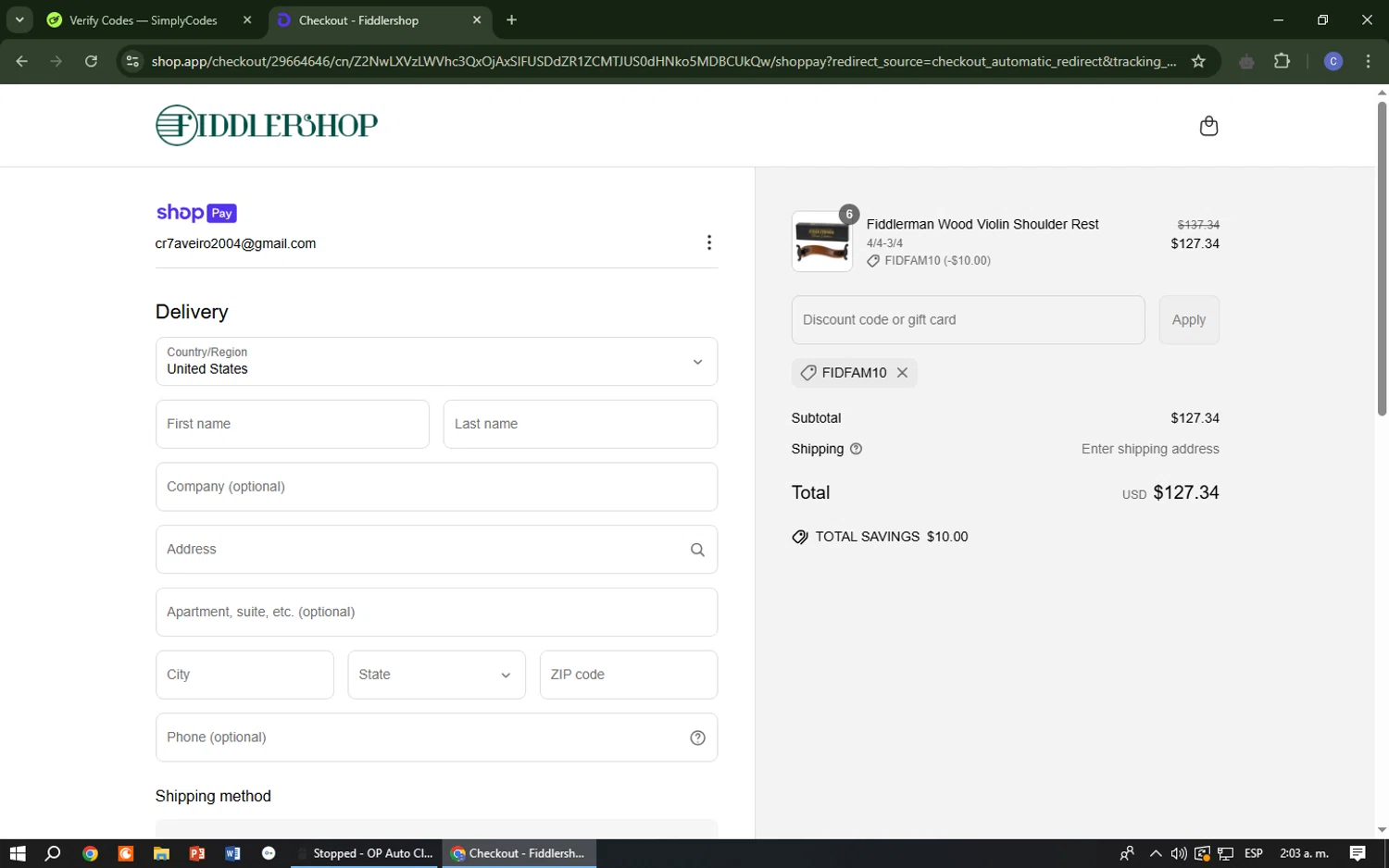 Fiddlershop discount code screenshot showing code FIDFAM10 applied at Fiddlershop checkout page. Uploaded by SimplyCodes community member Cr7aveiro on Apr 2, 2025