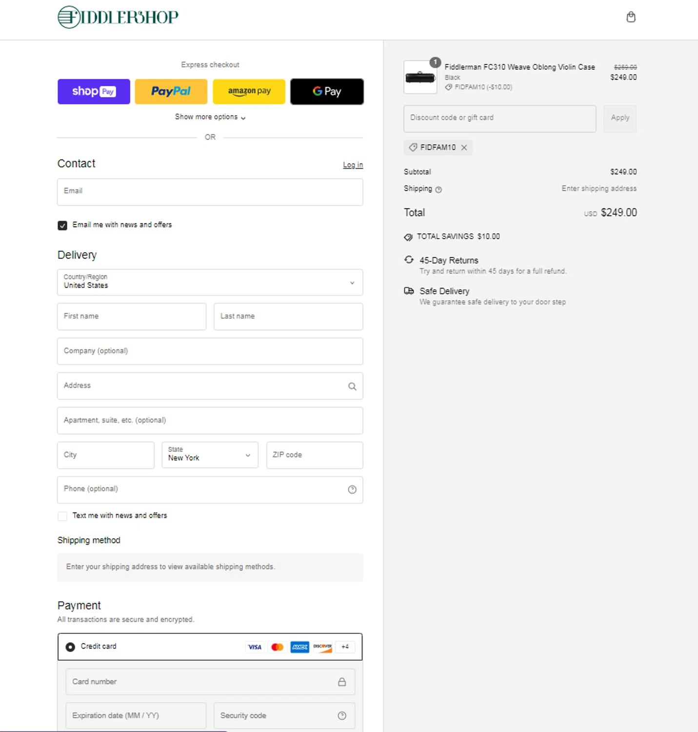 Fiddlershop discount code screenshot showing code FIDFAM10 applied at Fiddlershop checkout page. Uploaded by SimplyCodes community member Noah19 on Jan 30, 2025
