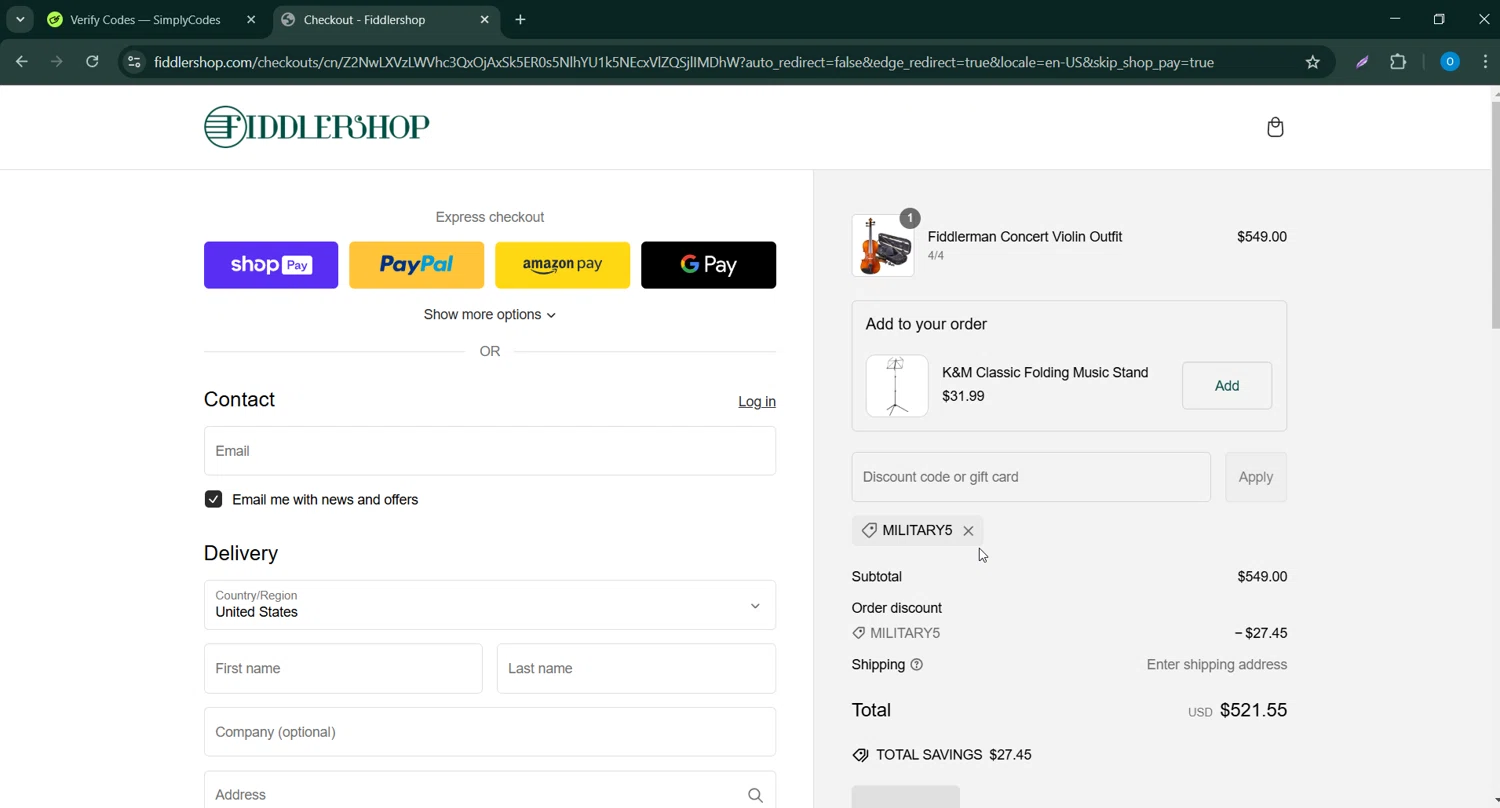 Fiddlershop discount code screenshot showing code military5 applied at Fiddlershop checkout page. Uploaded by SimplyCodes community member Bernard_Lowe on Mar 3, 2025
