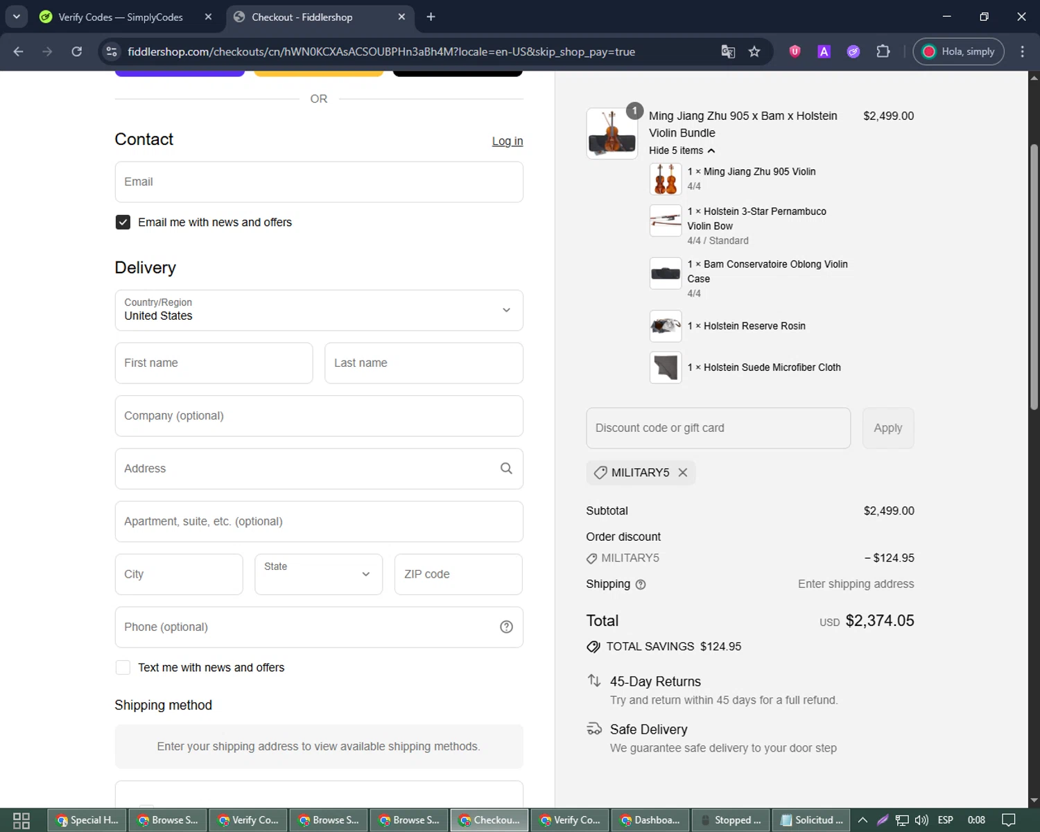 Fiddlershop discount code screenshot showing code military5 applied at Fiddlershop checkout page. Uploaded by SimplyCodes community member Joseph_Davis on Jul 6, 2025