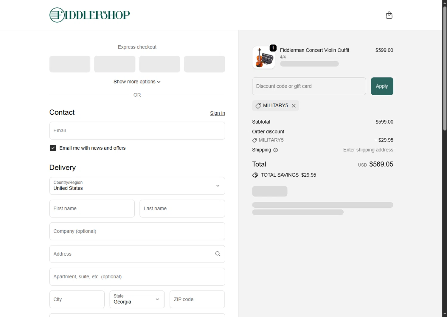 Fiddlershop discount code screenshot showing code military5 applied at Fiddlershop checkout page. Uploaded by SimplyCodes community member SwiftTracker8156 on Oct 2, 2025