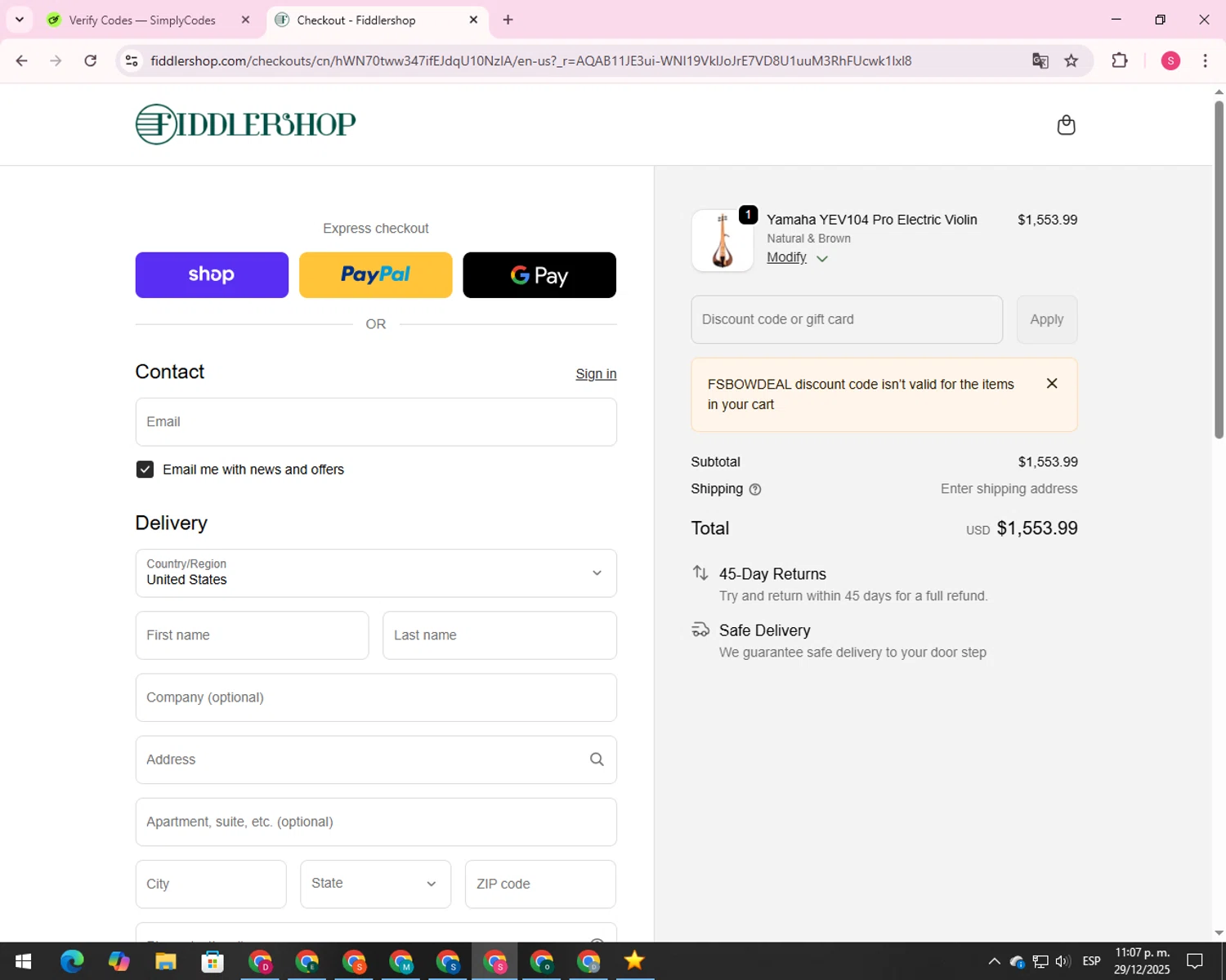 Fiddlershop discount code screenshot showing code FSBOWDEAL applied at Fiddlershop checkout page. Uploaded by SimplyCodes community member 00000056 on Dec 30, 2025