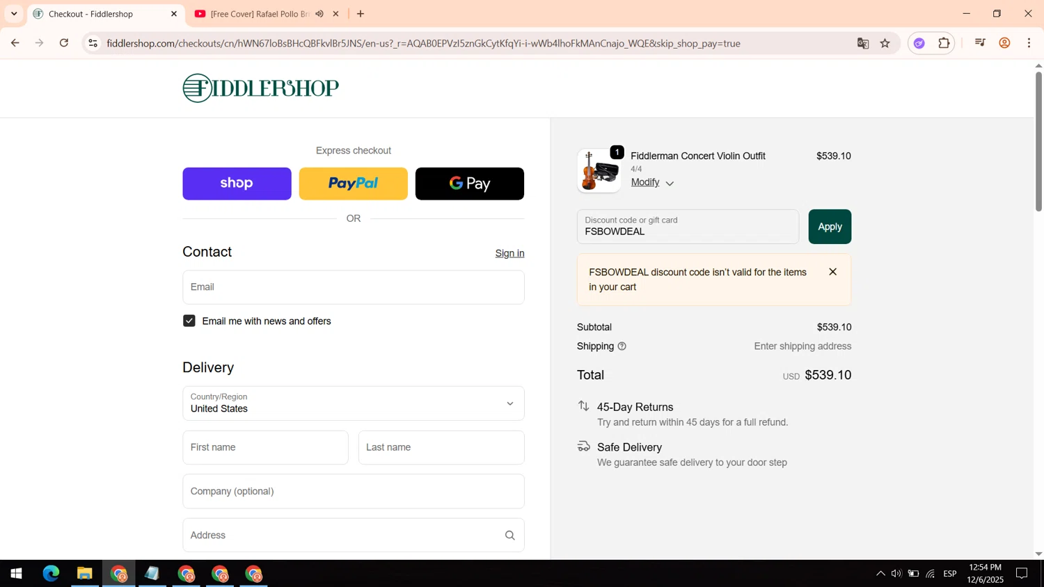 Fiddlershop discount code screenshot showing code FSBOWDEAL applied at Fiddlershop checkout page. Uploaded by SimplyCodes community member BargainEagle9039 on Dec 6, 2025