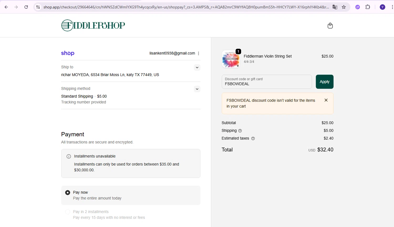 Fiddlershop discount code screenshot showing code FSBOWDEAL applied at Fiddlershop checkout page. Uploaded by SimplyCodes community member Yabriel007 on Nov 22, 2025