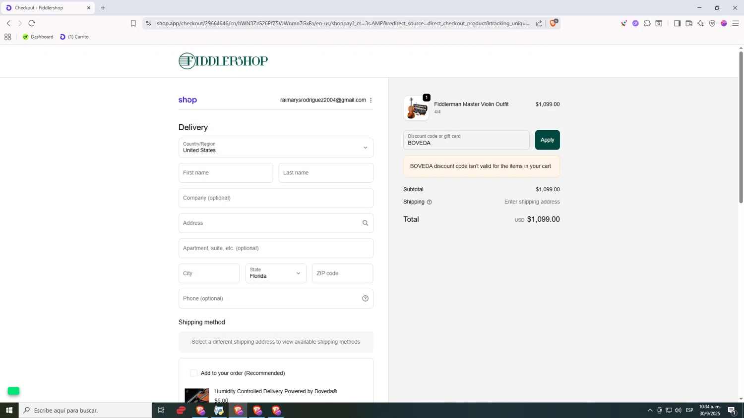 Fiddlershop discount code screenshot showing code BOVEDA applied at Fiddlershop checkout page. Uploaded by SimplyCodes community member Machi005 on Sep 30, 2025
