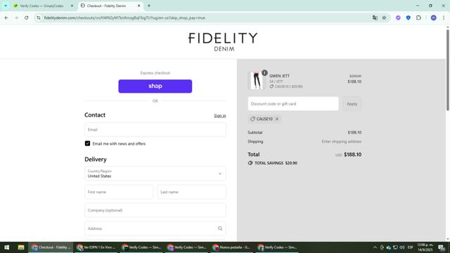 Fidelity Denim checkout page showing Fidelity Denim promo code box | Screenshot taken by SimplyCodes community member on Sep 14, 2025