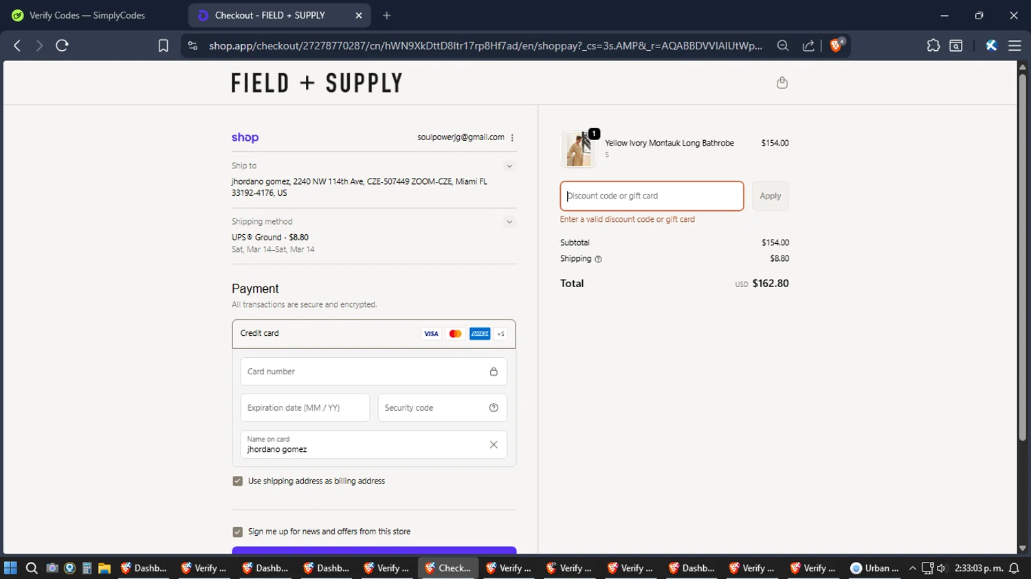 Field + Supply promo code screenshot showing code SAVE10% applied at Field + Supply checkout page. Uploaded by SimplyCodes community member Jgomez on Mar 6, 2026