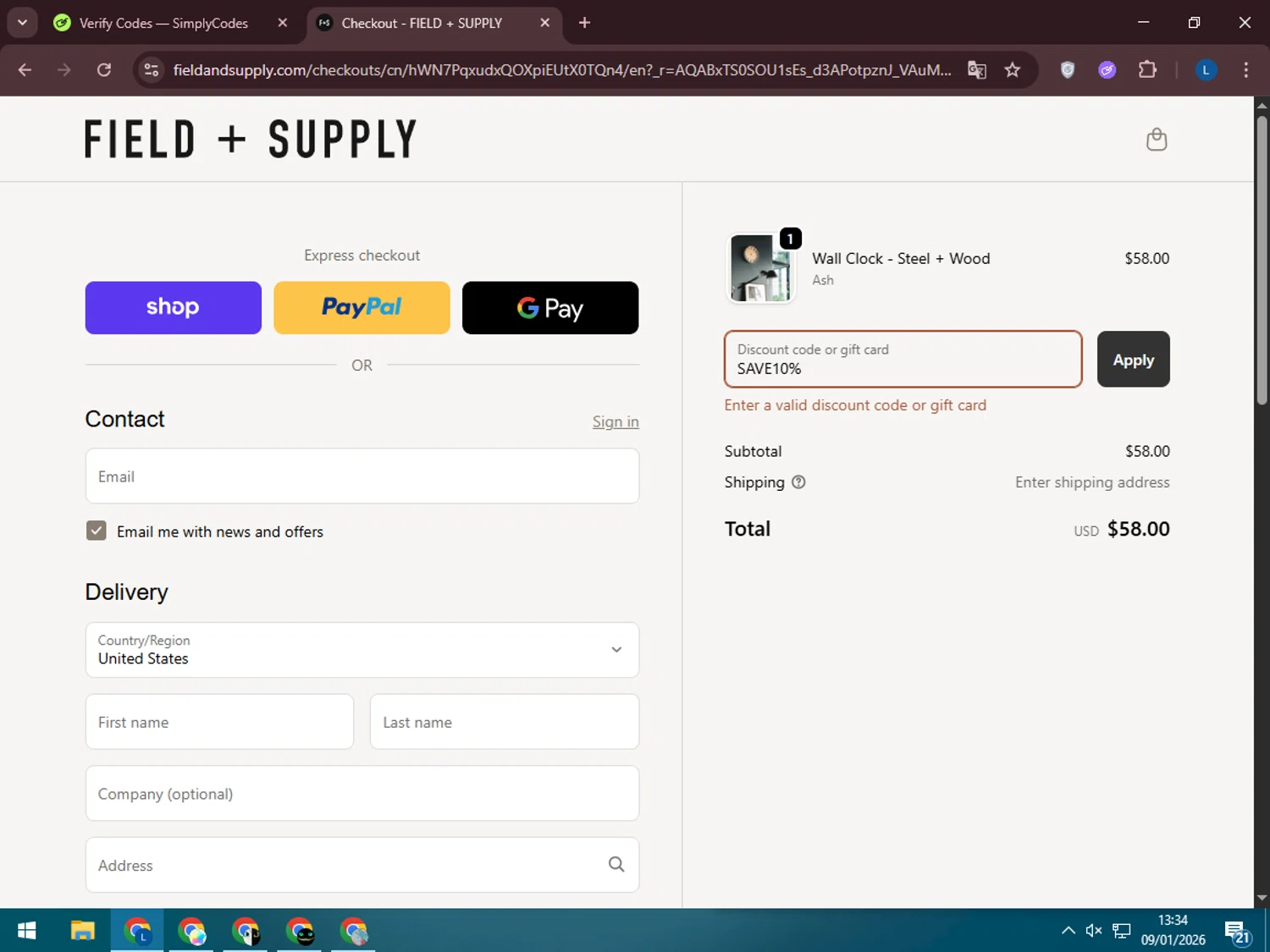 Field + Supply promo code screenshot showing code SAVE10% applied at Field + Supply checkout page. Uploaded by SimplyCodes community member LegendaryLegend5536 on Jan 9, 2026
