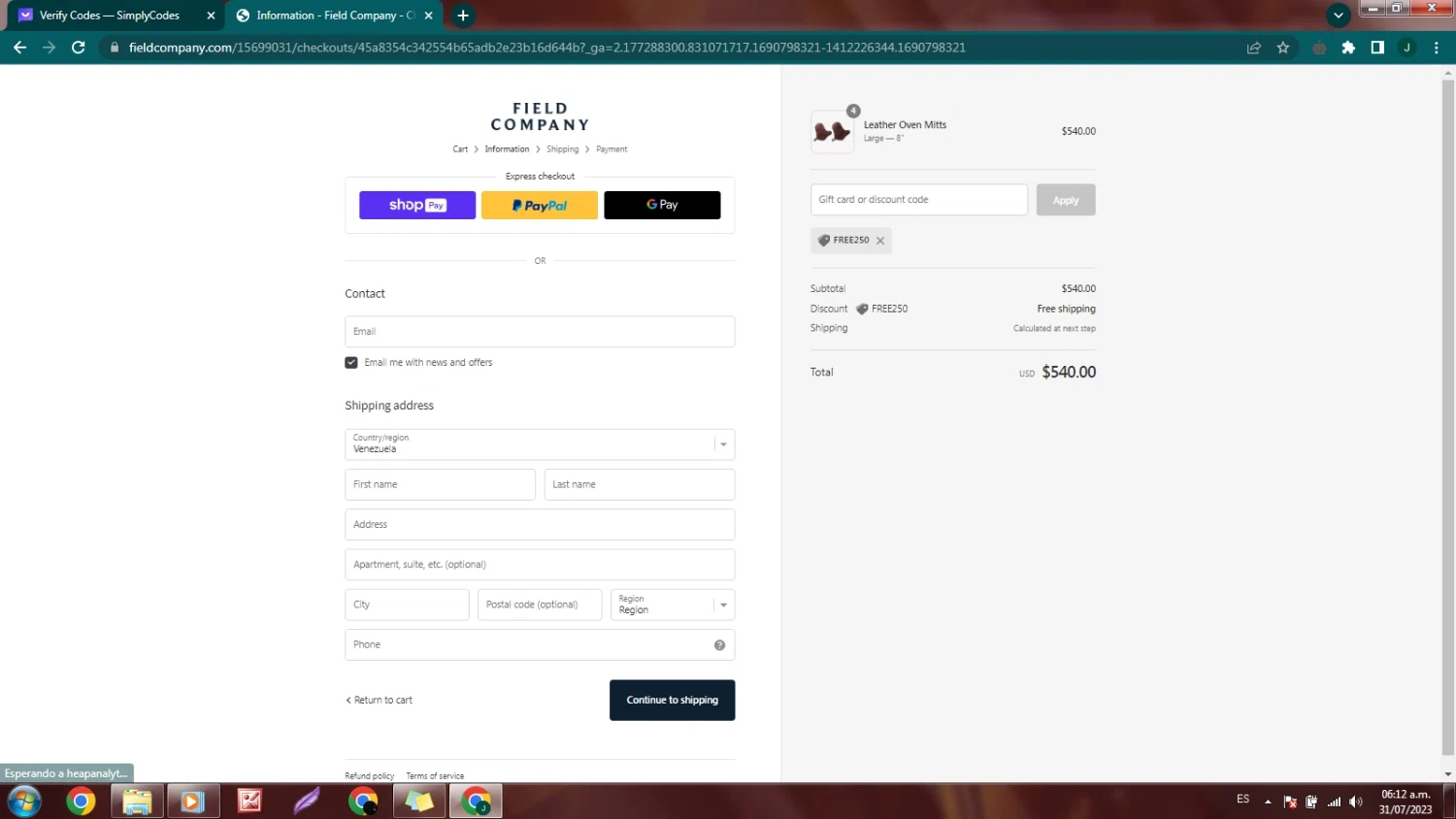 Field Company checkout page showing Field Company discount code box | Screenshot taken by SimplyCodes community member on Jul 31, 2023