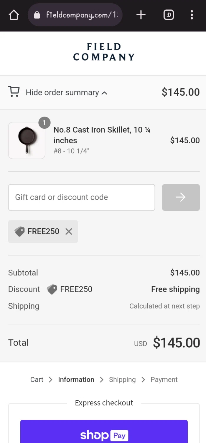 Field Company checkout page showing Field Company discount code box | Screenshot taken by SimplyCodes community member on Aug 26, 2023