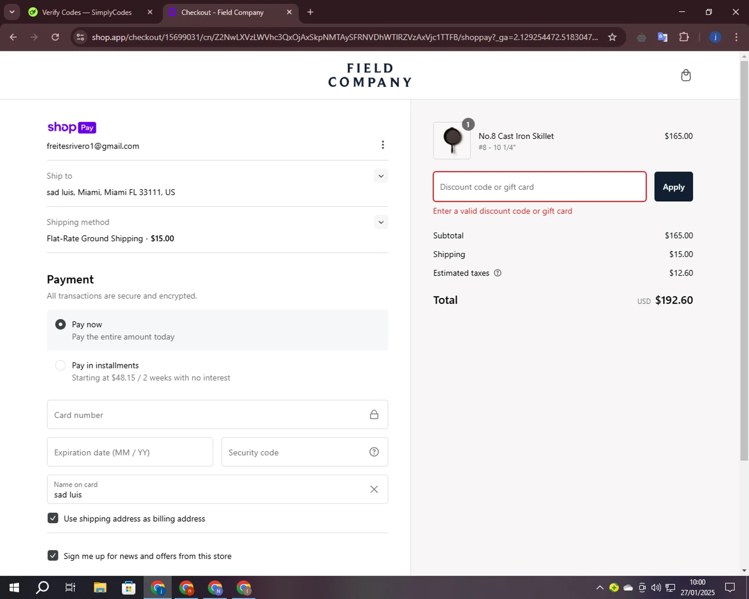 Field Company discount code screenshot showing code FIELD15 applied at Field Company checkout page. Uploaded by SimplyCodes community member CashLegend3767 on Jan 27, 2025
