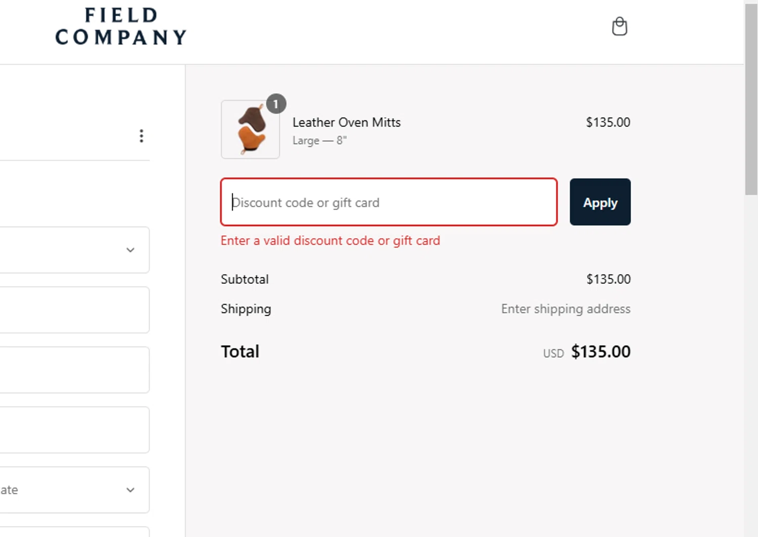 Field Company discount code screenshot showing code FIELD15 applied at Field Company checkout page. Uploaded by SimplyCodes community member franalepe on Jan 27, 2025