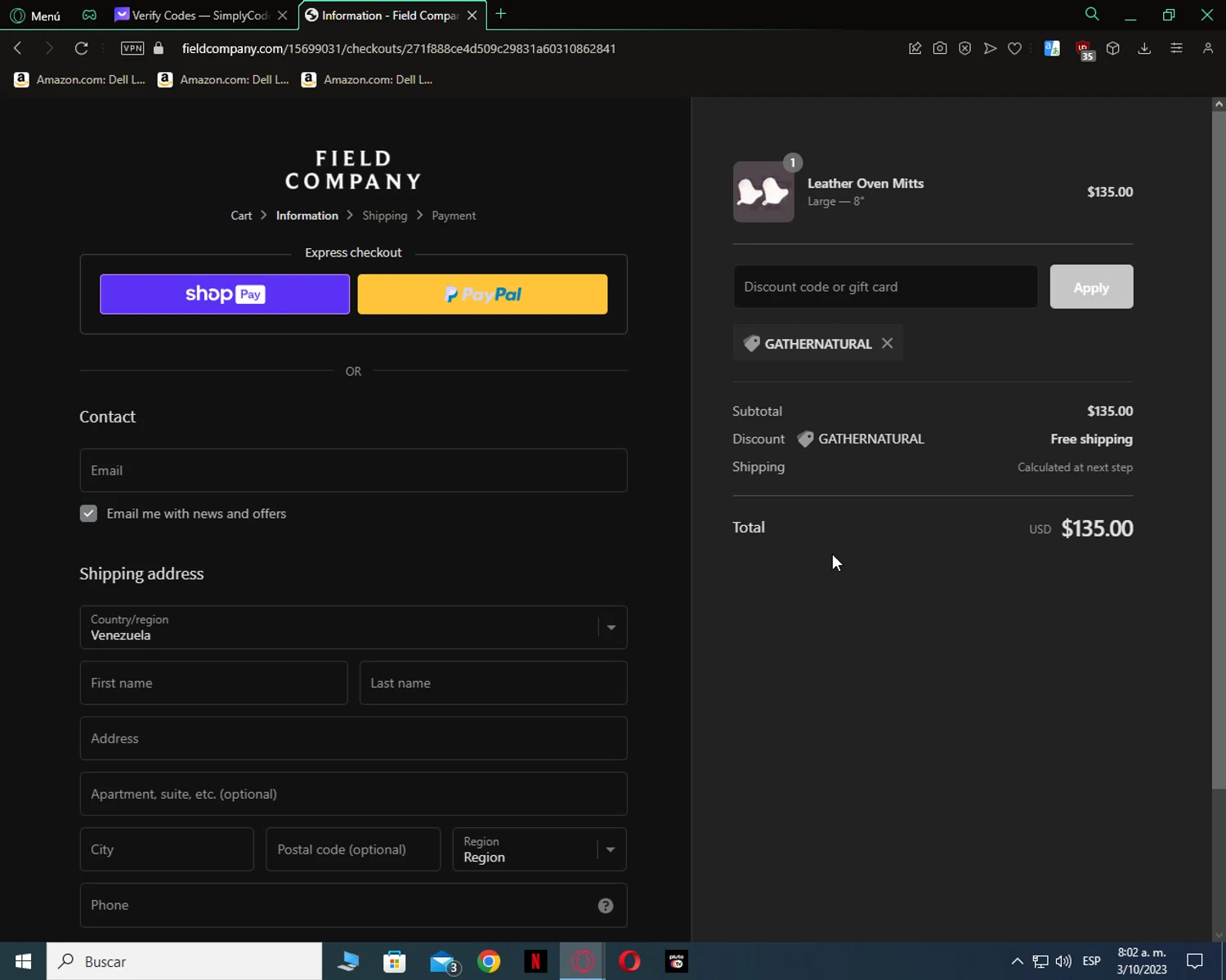 Field Company checkout page showing Field Company discount code box | Screenshot taken by SimplyCodes community member on Oct 3, 2023