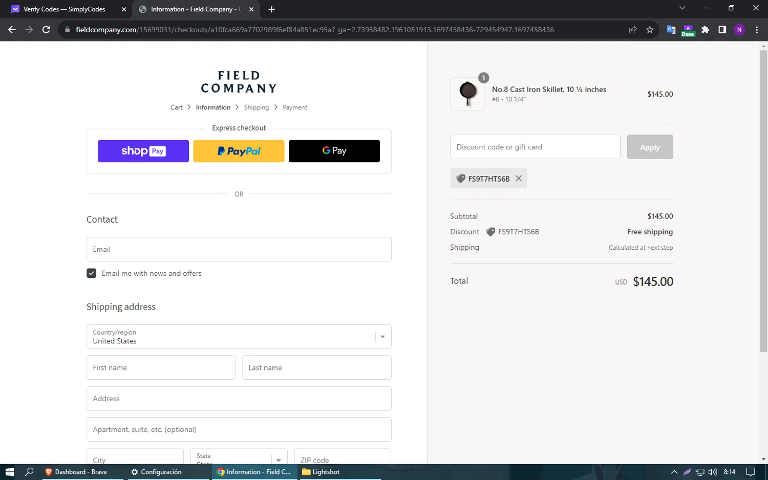 Field Company checkout page showing Field Company discount code box | Screenshot taken by SimplyCodes community member on Oct 16, 2023