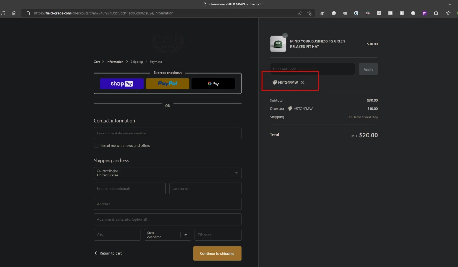 FIELD GRADE checkout page showing FIELD GRADE discount code box | Screenshot taken by SimplyCodes community member on Sep 22, 2022