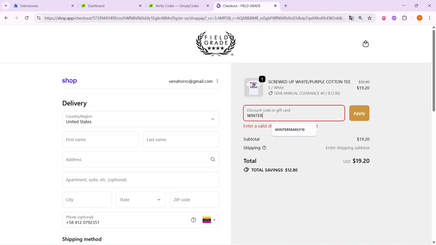 FIELD GRADE discount code screenshot showing code WINTER applied at FIELD GRADE checkout page. Uploaded by SimplyCodes community member VoucherShopper4674 on Feb 12, 2026