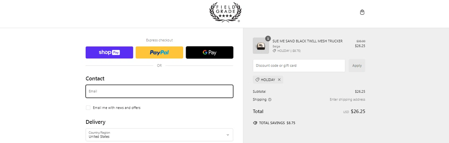 FIELD GRADE discount code screenshot showing code HOLIDAY applied at FIELD GRADE checkout page. Uploaded by SimplyCodes community member OnlywM on Dec 23, 2024