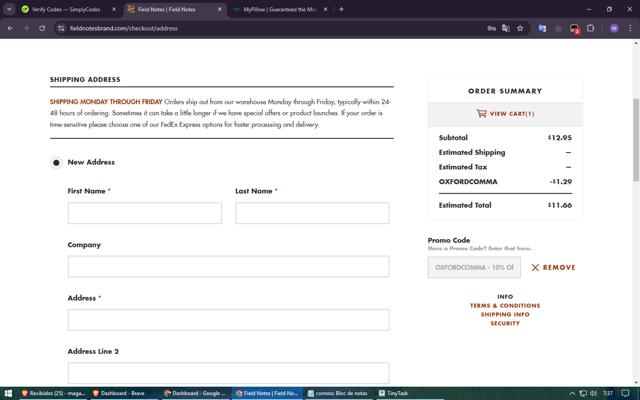 Field Notes checkout page showing Field Notes promo code box | Screenshot taken by SimplyCodes community member on Feb 13, 2025