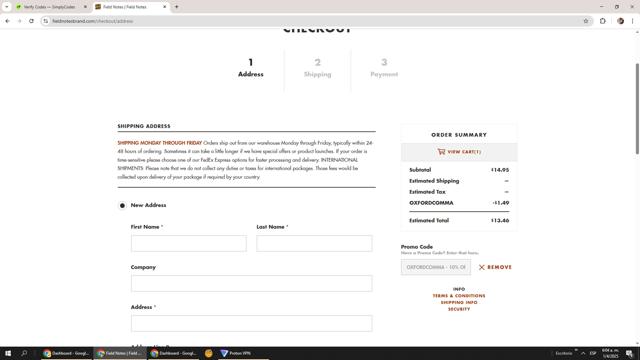 Field Notes checkout page showing Field Notes promo code box | Screenshot taken by SimplyCodes community member on Apr 1, 2025