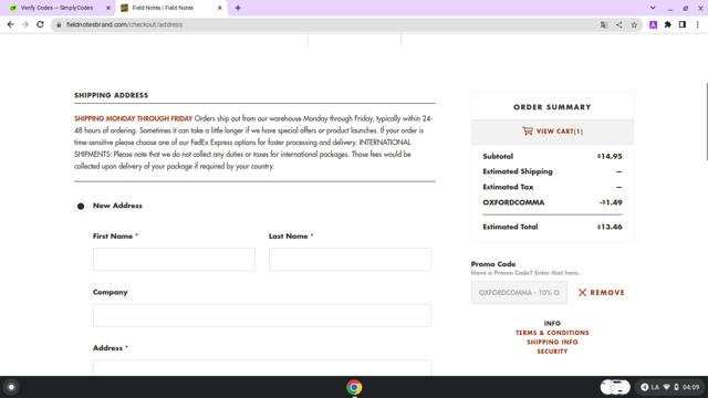 Field Notes checkout page showing Field Notes promo code box | Screenshot taken by SimplyCodes community member on Mar 3, 2025