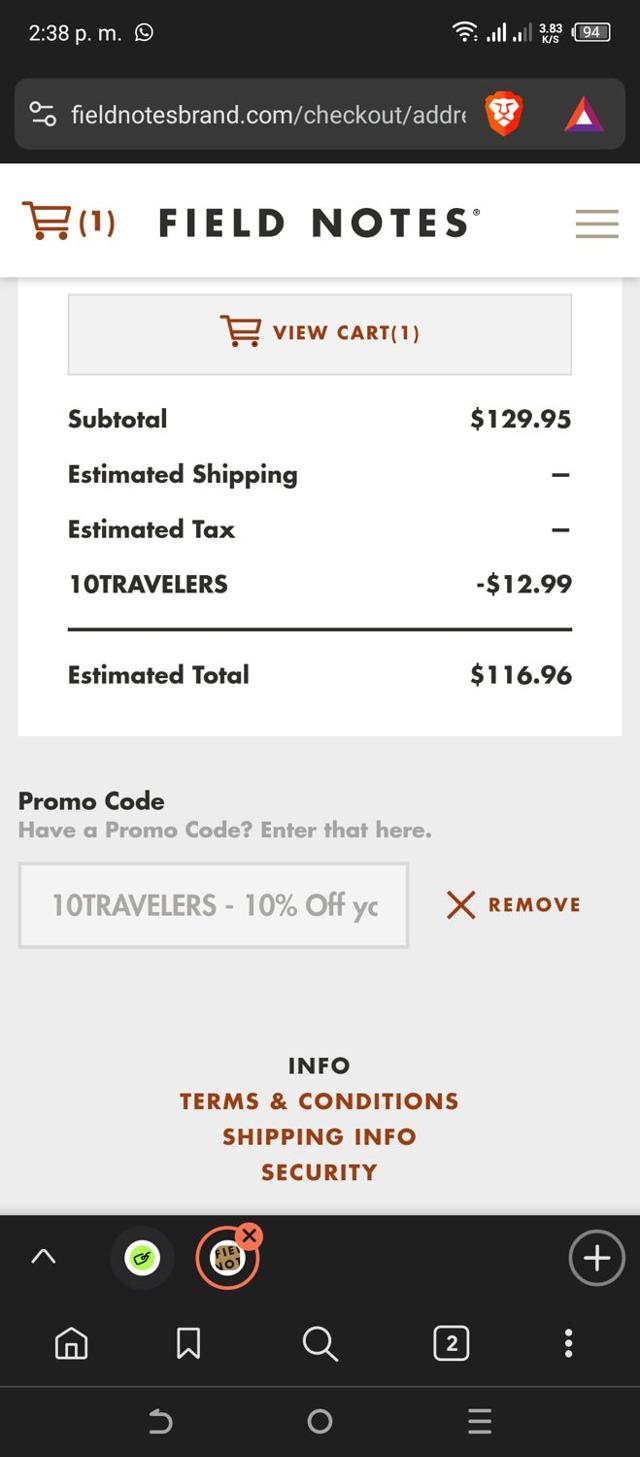 Field Notes checkout page showing Field Notes promo code box | Screenshot taken by SimplyCodes community member on Jan 15, 2025
