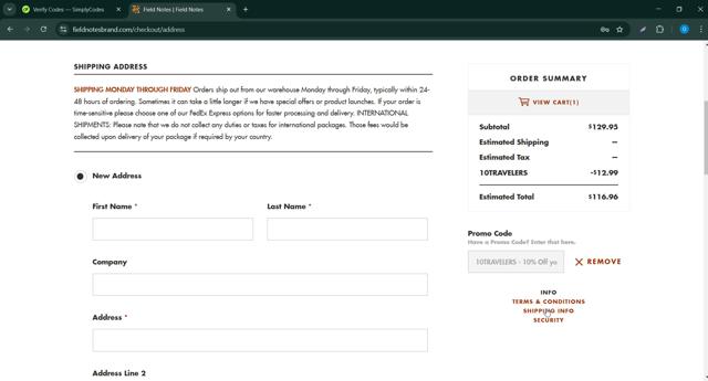 Field Notes checkout page showing Field Notes promo code box | Screenshot taken by SimplyCodes community member on Mar 3, 2025