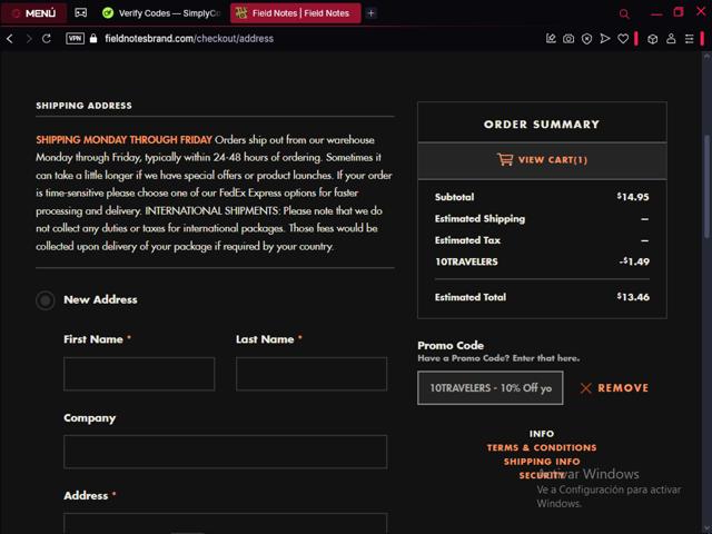 Field Notes checkout page showing Field Notes promo code box | Screenshot taken by SimplyCodes community member on Apr 1, 2025