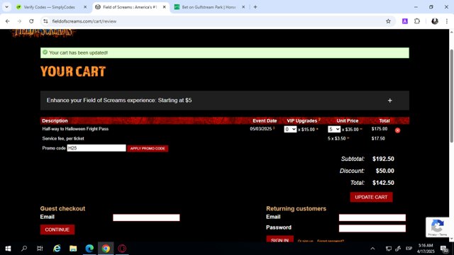 Field of Screams checkout page showing Field of Screams promo code box | Screenshot taken by SimplyCodes community member on Apr 17, 2025