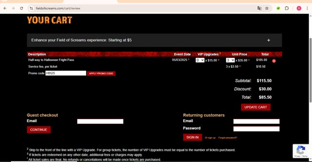 Field of Screams checkout page showing Field of Screams promo code box | Screenshot taken by SimplyCodes community member on Apr 16, 2025